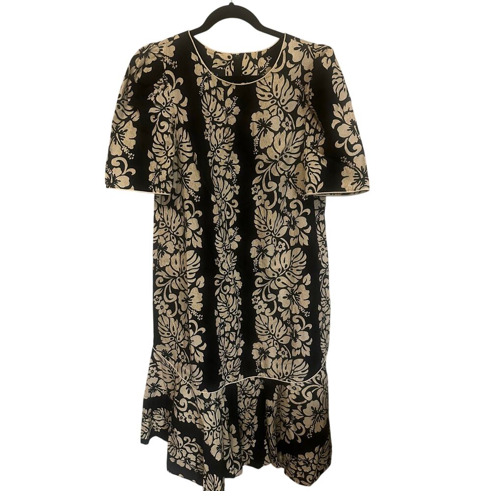 Royal Creations Hawaii Dress Women’s Large Black Cream Hibiscus Floral Ruffle